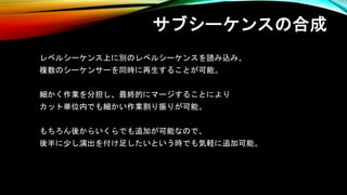 サブシーケンスの合成
レベルシーケンス上に別のレベルシーケンスを読み込み、
複数のシーケンサーを同時に再生することが可能。
細かく作業を分担し、最終的にマージすることにより
カット単位内でも細かい作業割り振りが可能。
もちろん後からいくらでも追加が可能なので、
後半に少し演出を付け足したいという時でも気軽に追加可能。
 