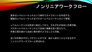 ノンリニアワークフロー
基本はレベルシーケンスという単位でカメラカットを作成する。
複数のレベルシーケンスをマスターレベルシーケンスにて管理。
レベルシーケンスは完全に独立しており、それぞれが自由に作業可能。
マスターレベルシーケンス上で自由に順番を並べ変えたり、
作業工程を後から自由に巻き戻すようなことも可能。
互いの作業を平行して行うことができ、後から戻ることもできるので
ノンリニアワークフローと呼ばれる。
 