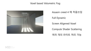 Voxel based Volumetric Fog
Assasin creed 4 ? ????
Full Dynamic
Screen Aligened Voxel
Compute Shader Scattering
?? ?? ??? ?? ??
 