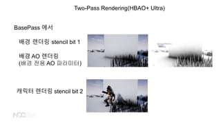 Two-Pass Rendering(HBAO+ Ultra)
?? ??? stencil bit 1
?? AO ???
(?? ?? AO ????)
??? ??? stencil bit 2
BasePass ??
 