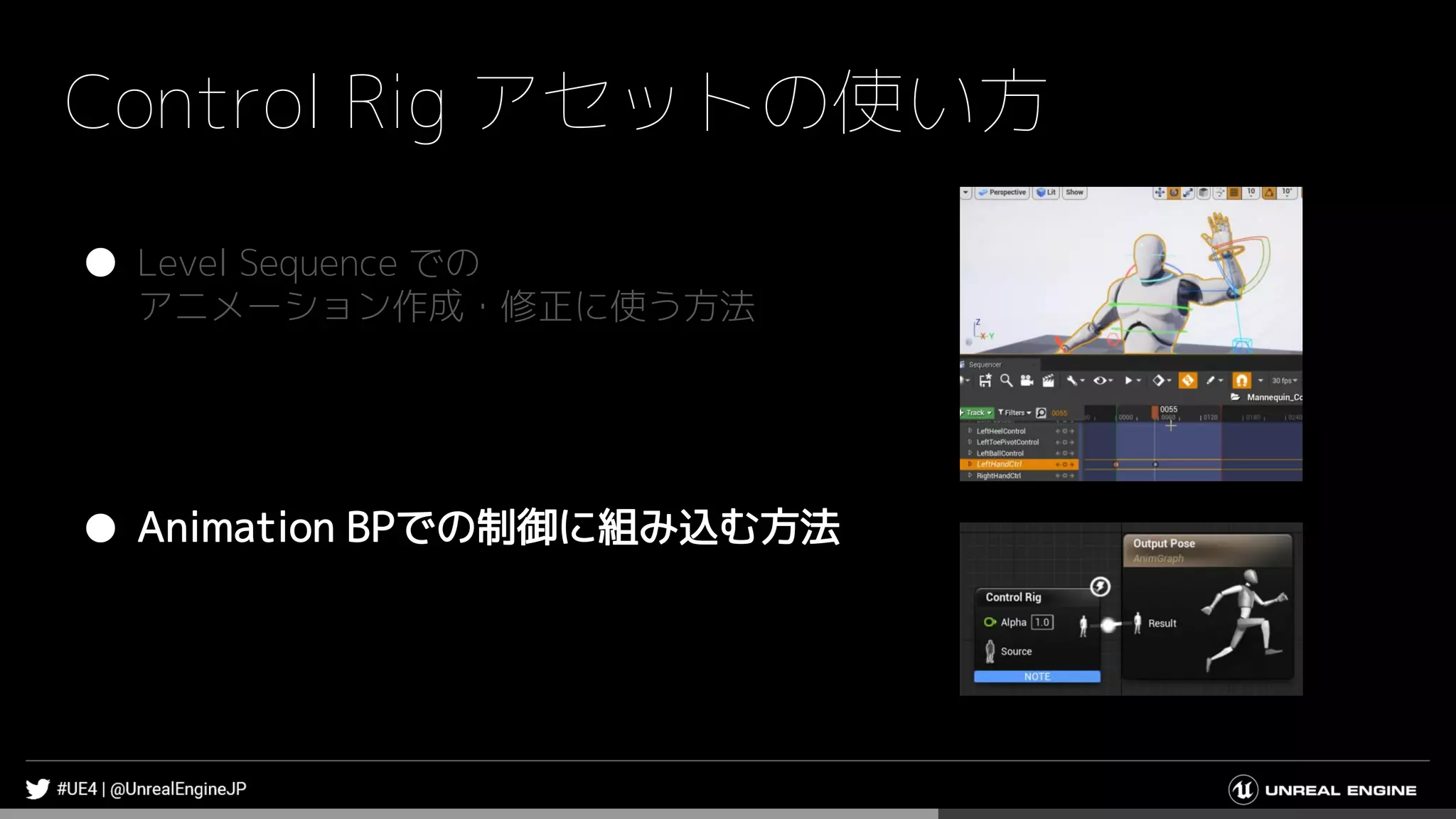 Control Rig アセットの使い方
● Level Sequence での
アニメーション作成・修正に使う方法
● Animation BPでの制御に組み込む方法
 