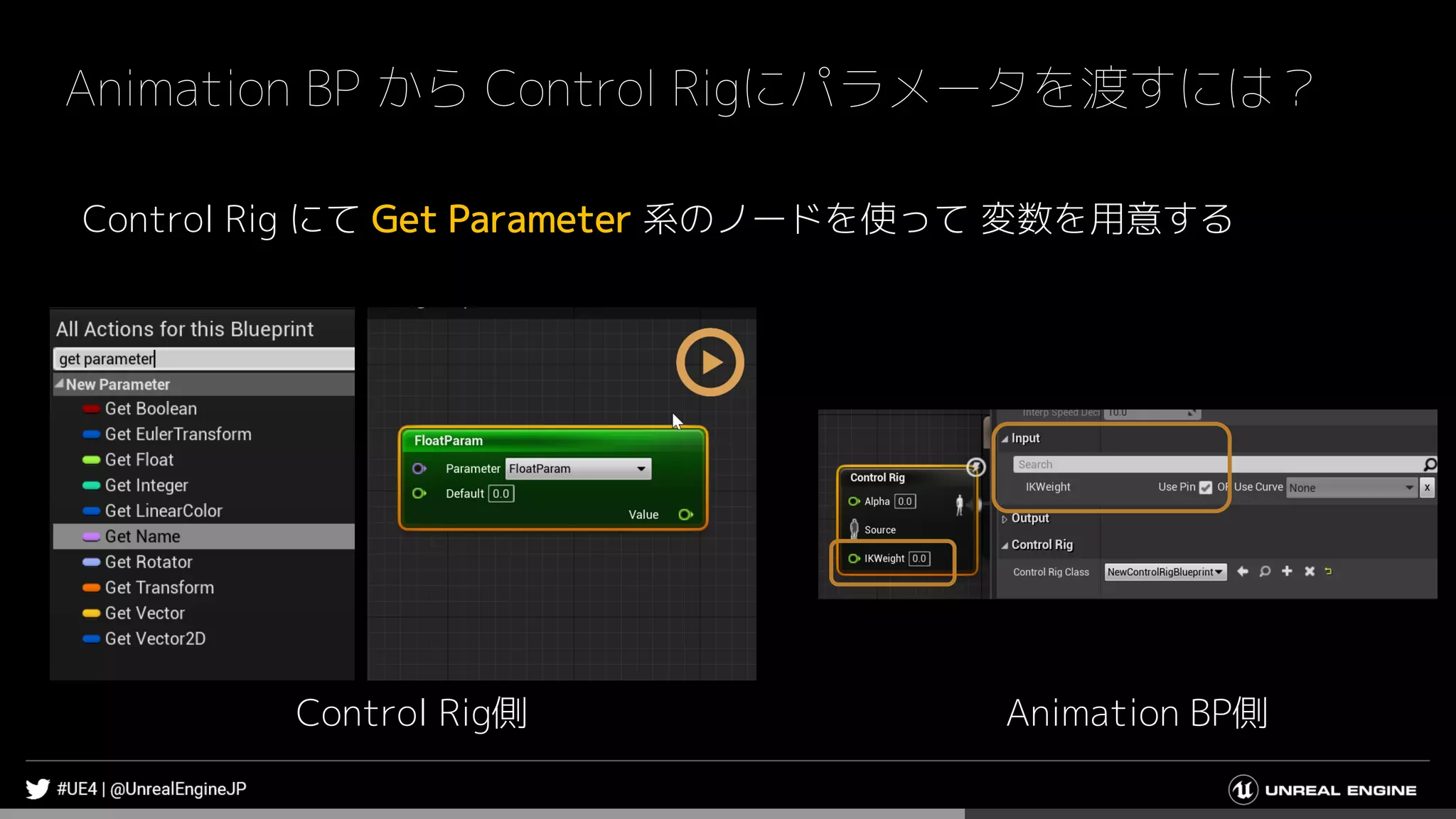 Animation BP から Control Rigにパラメータを渡すには？
Control Rig にて Get Parameter 系のノードを使って 変数を用意する
Control Rig側 Animation BP側
 