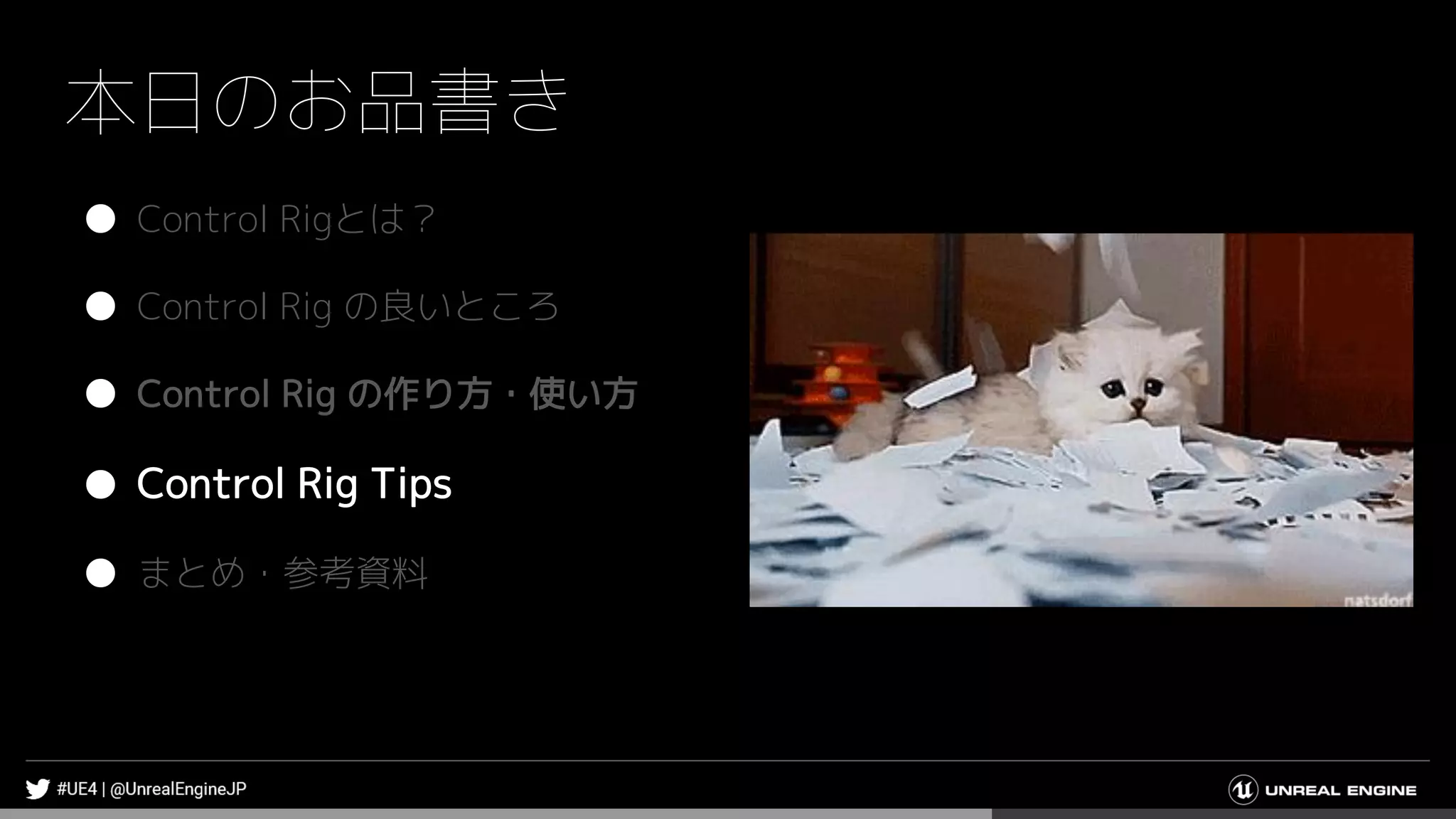 本日のお品書き
● Control Rigとは？
● Control Rig の良いところ
● Control Rig の作り方・使い方
● Control Rig Tips
● まとめ・参考資料
 