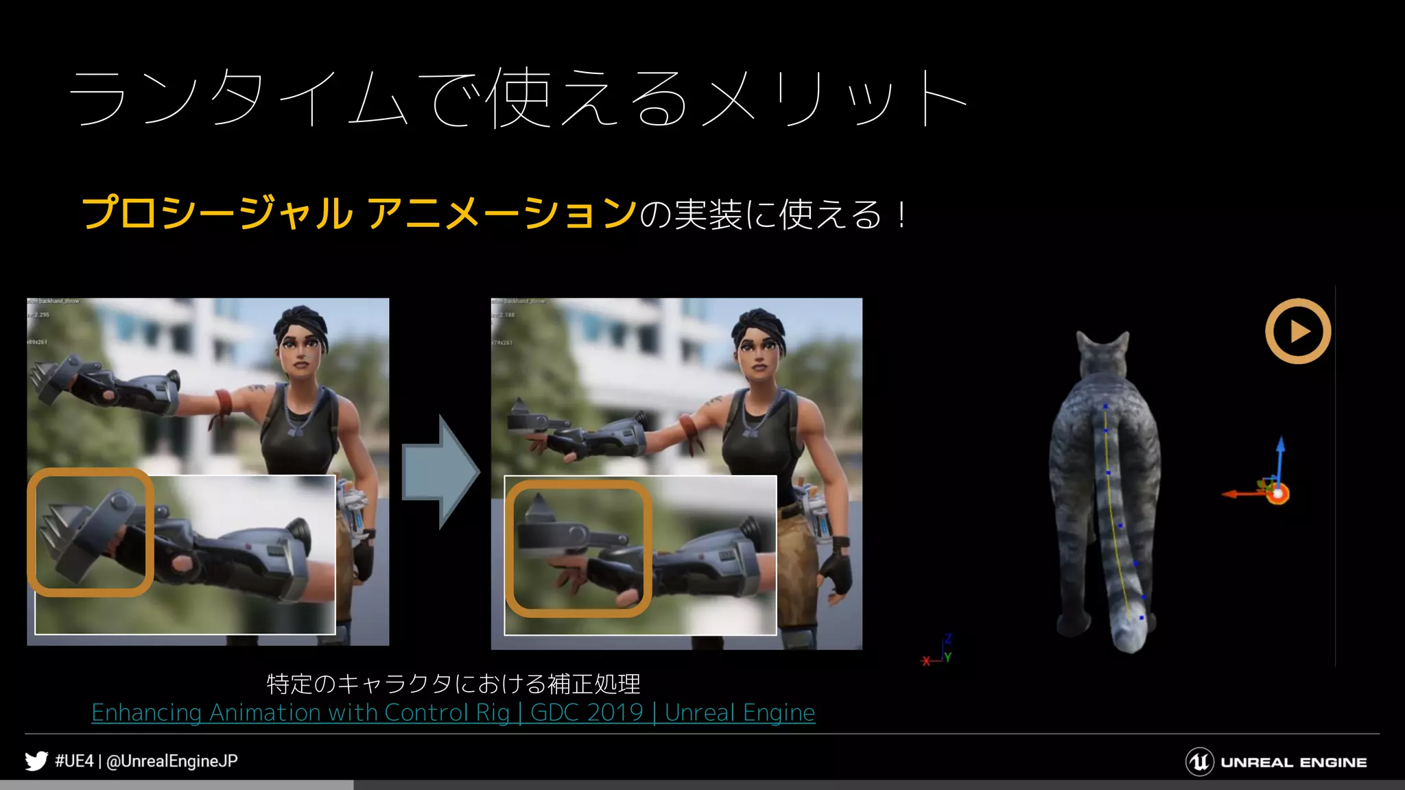ランタイムで使えるメリット
プロシージャル アニメーションの実装に使える！
特定のキャラクタにおける補正処理
Enhancing Animation with Control Rig | GDC 2019 | Unreal Engine
 