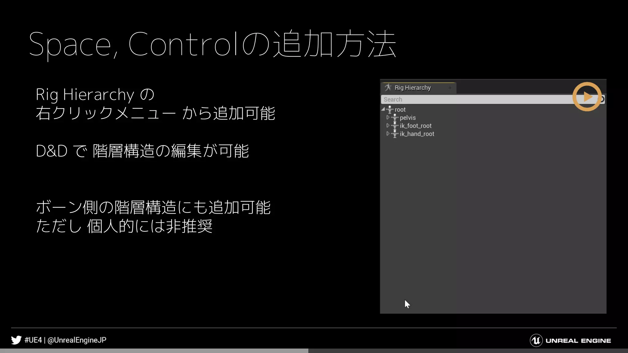 Space, Controlの追加方法
Rig Hierarchy の
右クリックメニュー から追加可能
D&D で 階層構造の編集が可能
ボーン側の階層構造にも追加可能
ただし 個人的には非推奨
 