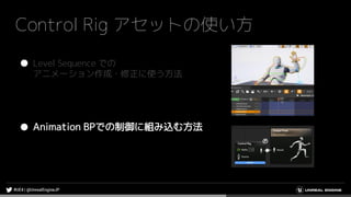 Control Rig アセットの使い方
● Level Sequence での
アニメーション作成・修正に使う方法
● Animation BPでの制御に組み込む方法
 