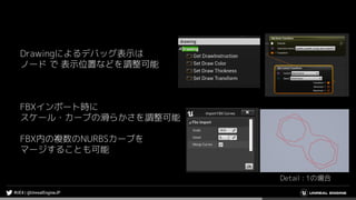 Drawingによるデバッグ表示は
ノード で 表示位置などを調整可能
FBXインポート時に
スケール・カーブの滑らかさを調整可能
FBX内の複数のNURBSカーブを
マージすることも可能
Detail : 1の場合
 