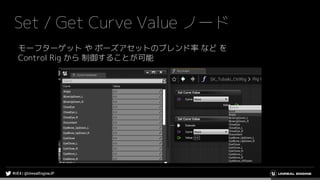 Set / Get Curve Value ノード
モーフターゲット や ポーズアセットのブレンド率 など を
Control Rig から 制御することが可能
 