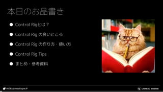 本日のお品書き
● Control Rigとは？
● Control Rig の良いところ
● Control Rig の作り方・使い方
● Control Rig Tips
● まとめ・参考資料
 