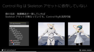 骨の名前・階層構造が一致していれば
Skeleton アセットが異なっていても、Control Rigを流用可能
Control Rig は Skeleton アセットに依存していない
 