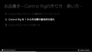 お品書き – Control Rigの作り方・使い方 -
1. Control Rig アセット の 編集用エディタについて
2. Control Rig を 1 から作る際の基本的な流れ
3. Control Rig アセットの使い方
 