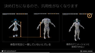 決め打ちになるので、汎用性がなくなります
体型が完全に一致していないとズレる 既存のアニメーションと
併用できない
 