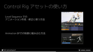Control Rig アセットの使い方
Level Sequence での
アニメーション作成・修正に使う方法
Animation BPでの制御に組み込む方法
 