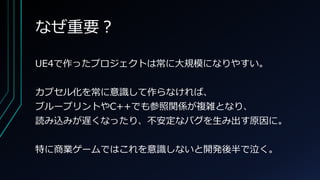 なぜ重要？
UE4で作ったプロジェクトは常に大規模になりやすい。
カプセル化を常に意識して作らなければ、
ブループリントやC++でも参照関係が複雑となり、
読み込みが遅くなったり、不安定なバグを生み出す原因に。
特に商業ゲームではこれを意識しないと開発後半で泣く。
 