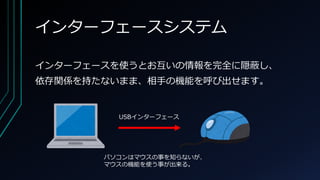 インターフェースシステム
インターフェースを使うとお互いの情報を完全に隠蔽し、
依存関係を持たないまま、相手の機能を呼び出せます。
パソコンはマウスの事を知らないが、
マウスの機能を使う事が出来る。
USBインターフェース
 