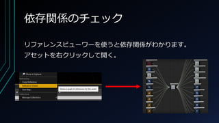 依存関係のチェック
リファレンスビューワーを使うと依存関係がわかります。
アセットを右クリックして開く。
 