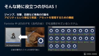 そんな時に役立つのがGAS！
ジャンプ、攻撃、回復など単発の行動を
アビリティという単位で実装・アセットを管理するための機能
Fortnite や UE5のデモ（古代の谷） でも活用されているシステム
近接攻撃用のスキルを使用可能に
 