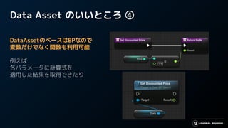 Data Asset のいいところ ④
DataAssetのベースはBPなので
変数だけでなく関数も利用可能
例えば
各パラメータに計算式を
適用した結果を取得できたり
 