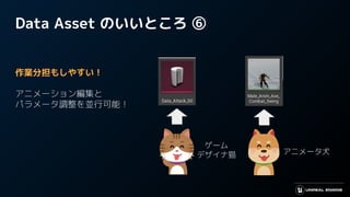 Data Asset のいいところ ⑥
作業分担もしやすい！
アニメーション編集と
パラメータ調整を並行可能！
アニメータ犬
ゲーム
デザイナ猫
 