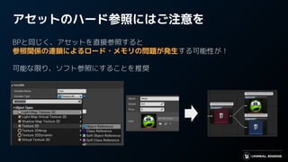 アセットのハード参照にはご注意を
BPと同じく、アセットを直接参照すると
参照関係の連鎖によるロード・メモリの問題が発生する可能性が！
可能な限り、ソフト参照にすることを推奨
 