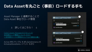Data Assetを丸ごと（事前）ロードする手も
Asset Manager と連携することで
Data Asset 単位でロード管理
　　　↓　詳しくはこちら！　↓
[UE4] Asset Managerのアセットの
非同期ロード機能について その1
( 非同期ロードの解説 & レベルの裏読み編 )
Action RPG サンプル も BP_GameInstance の
InitializeStoreItems イベント もぜひ
 