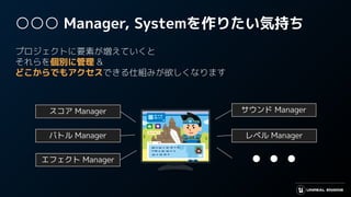 ○○○ Manager, Systemを作りたい気持ち
プロジェクトに要素が増えていくと
それらを個別に管理 &
どこからでもアクセスできる仕組みが欲しくなります
スコア Manager
バトル Manager
エフェクト Manager
サウンド Manager
レベル Manager
●　●　●
 