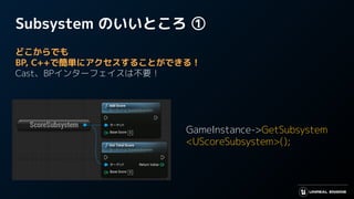 Subsystem のいいところ ①
どこからでも
BP, C++で簡単にアクセスすることができる！
Cast、BPインターフェイスは不要！
GameInstance->GetSubsystem
<UScoreSubsystem>();
 