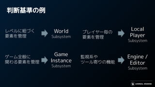 判断基準の例
レベルに紐づく
要素を管理
World
Subsystem
ゲーム全般に
関わる要素を管理
Game
Instance
Subsystem
プレイヤー毎の
要素を管理
Local
Player
Subsystem
監視系や
ツール寄りの機能
Engine /
Editor
Subsystem
 