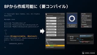 BPから作成可能に（要コンパイル）
// Copyright Epic Games, Inc. All Rights
Reserved.
#pragma once
#include "CoreMinimal.h"
#include "Subsystems/WorldSubsystem.h"
#include "MyWorldSubsystem.generated.h"
/**
*
*/
UCLASS(Blueprintable, Abstract)
class ACTIONRPG_API UMyWorldSubsystem :
public UWorldSubsystem
{
GENERATED_BODY()
};
 