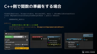 C++側で関数の準備をする場合
UCLASS(Abstract, Blueprintable, MinimalAPI, meta = (ShowWorldContextPin))
class UMyGameInstanceSubsystemHelperBase : public UObject
{
GENERATED_BODY()
public:
// 処理の中身はBP側で書くことを宣言
UFUNCTION(BlueprintCallable, BlueprintImplementableEvent)
void TestFunc();
};
 