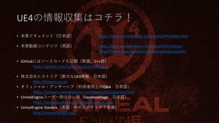 UE4の情報収集はコチラ！
• 本家ドキュメント（日本語） https://docs.unrealengine.com/latest/JPN/index.html
• 本家動画コンテンツ（英語） https://docs.unrealengine.com/latest/INT/Videos/
https://www.youtube.com/user/unrealenginejapan/
• GitHubにはソースコードも公開（英語、C++語）
https://github.com/EpicGames/UnrealEngine
• 株式会社ヒストリア（膨大なUE4情報 日本語）
http://historia.co.jp/
• オフィシャル・アンサーハブ（利用者同士のQ&A 日本語）
https://answers.unrealengine.com/spaces/16/japanese.html
• UnrealEngineユーザー助け合い所（FacebookPage 日本語）
https://www.facebook.com/groups/unrealuserj/
• UnrealEngine Slackers（英語：中の人がチラホラ登場）
http://unrealslackers.org/
 