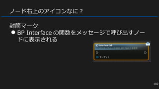ノード右上のアイコンなに？
封筒マーク
● BP Interface の関数をメッセージで呼び出すノー
ドに表示される
102
 