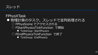 スレッド
FPhysXTask
● 物理計算のタスク。スレッドで並列処理される
○ FPhysScene でアクセスされる
○ FStartPhysicsTickFunction で開始
■ TickGroup: StartPhysics
○ FEndPhysicsTickFunction で終了
■ TickGroup: EndPhysics
82
 