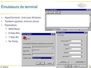 28
L.A. Steffenel
Émulateurs de terminal
• HyperTerminal : livré avec Windows
• Teraterm (gratuit), minicom (linux)
• Paramètres:
• 9600 Baud
• 8 Data Bits
• 1 Stop Bit
• No Parity
 