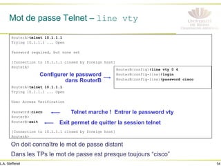 54
L.A. Steffenel
Mot de passe Telnet – line vty
On doit connaître le mot de passe distant
Dans les TPs le mot de passe est presque toujours “cisco”
RouterA>telnet 10.1.1.1
Trying 10.1.1.1 ... Open
Password required, but none set
[Connection to 10.1.1.1 closed by foreign host]
RouterA>
RouterA>telnet 10.1.1.1
Trying 10.1.1.1 ... Open
User Access Verification
Password:cisco
RouterB>
RouterB>exit
[Connection to 10.1.1.1 closed by foreign host]
RouterA>
RouterB(config)#line vty 0 4
RouterB(config-line)#login
RouterB(config-line)#password cisco
Configurer le password
dans RouterB
Telnet marche ! Entrer le password vty
Exit permet de quitter la session telnet
 