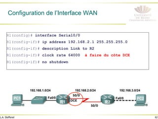 62
L.A. Steffenel
Configuration de l’Interface WAN
R1(config)# interface Serial0/0
R1(config-if)# ip address 192.168.2.1 255.255.255.0
R1(config-if)# description Link to R2
R1(config-if)# clock rate 64000 à faire du côte DCE
R1(config-if)# no shutdown
 