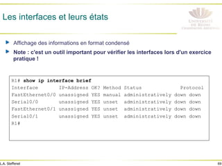 69
L.A. Steffenel
Les interfaces et leurs états
" Affichage des informations en format condensé
" Note : c'est un outil important pour vérifier les interfaces lors d'un exercice
pratique !
R1# show ip interface brief
Interface IP-Address OK? Method Status Protocol
FastEthernet0/0 unassigned YES manual administratively down down
Serial0/0 unassigned YES unset administratively down down
FastEthernet0/1 unassigned YES unset administratively down down
Serial0/1 unassigned YES unset administratively down down
R1#
 