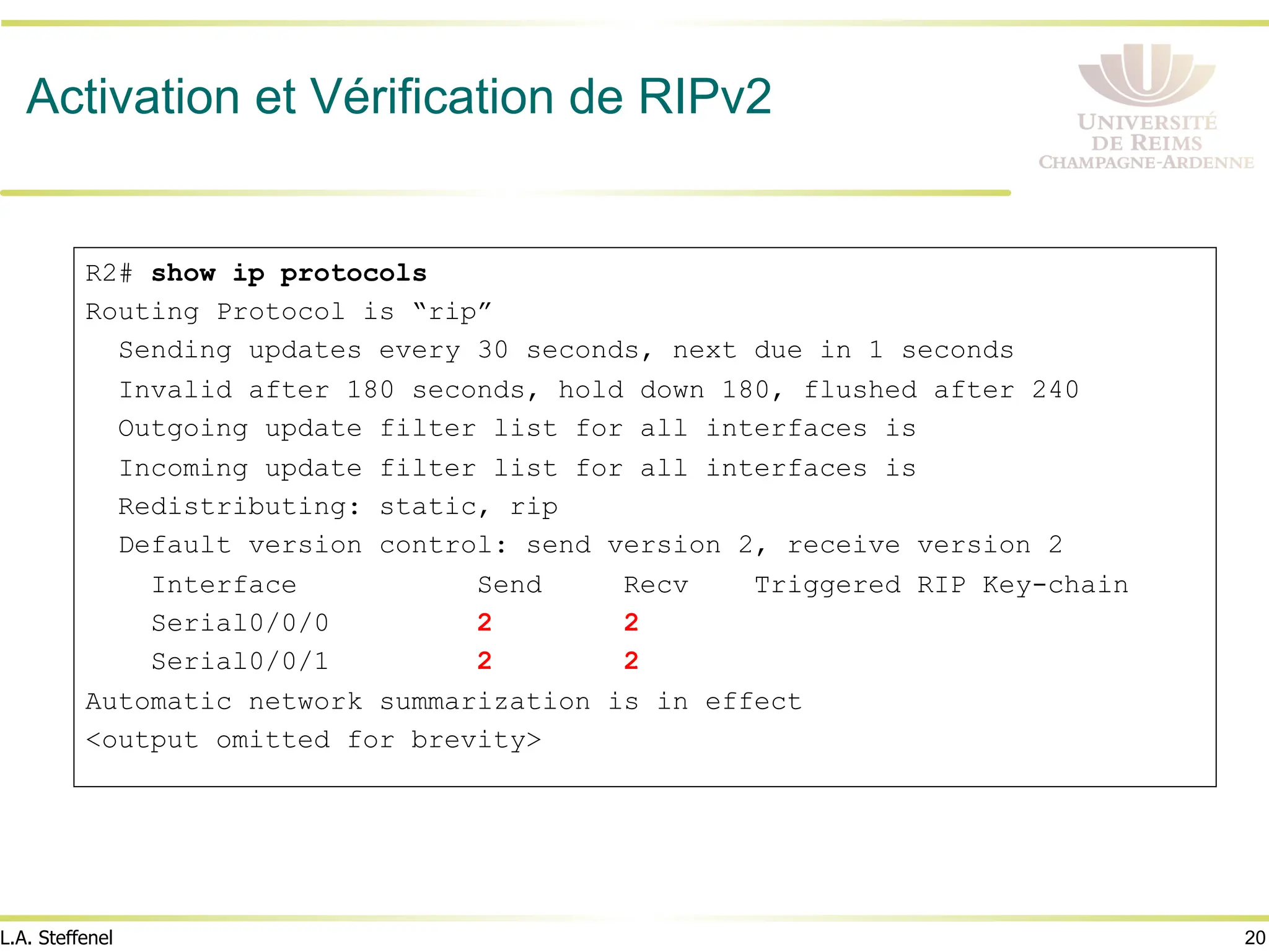 20
L.A. Steffenel
R2# show ip protocols
Routing Protocol is “rip”
Sending updates every 30 seconds, next due in 1 seconds
Invalid after 180 seconds, hold down 180, flushed after 240
Outgoing update filter list for all interfaces is
Incoming update filter list for all interfaces is
Redistributing: static, rip
Default version control: send version 2, receive version 2
Interface Send Recv Triggered RIP Key-chain
Serial0/0/0 2 2
Serial0/0/1 2 2
Automatic network summarization is in effect
<output omitted for brevity>
Activation et Vérification de RIPv2
 