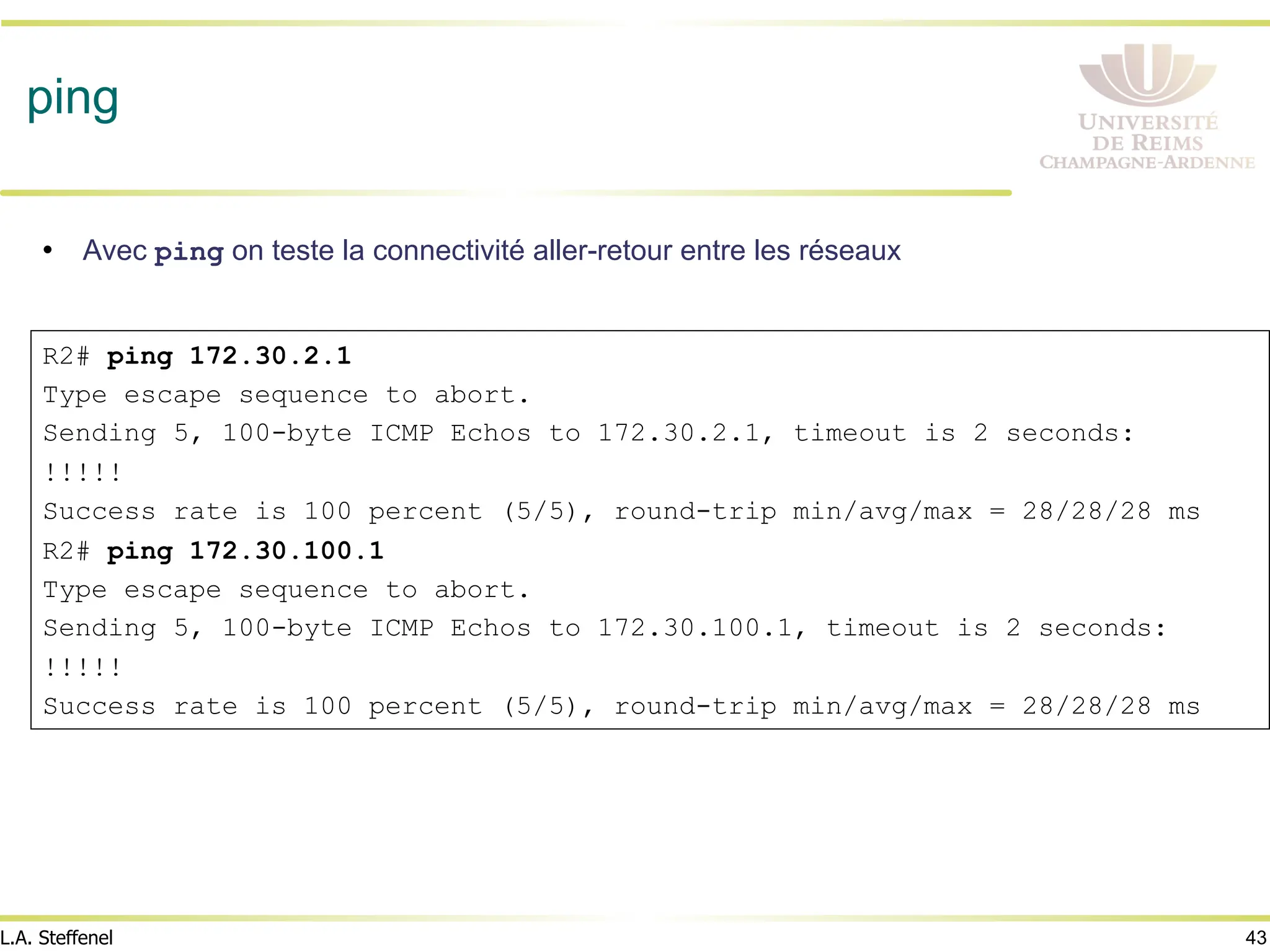 43
L.A. Steffenel
ping
• Avec ping on teste la connectivité aller-retour entre les réseaux
R2# ping 172.30.2.1
Type escape sequence to abort.
Sending 5, 100-byte ICMP Echos to 172.30.2.1, timeout is 2 seconds:
!!!!!
Success rate is 100 percent (5/5), round-trip min/avg/max = 28/28/28 ms
R2# ping 172.30.100.1
Type escape sequence to abort.
Sending 5, 100-byte ICMP Echos to 172.30.100.1, timeout is 2 seconds:
!!!!!
Success rate is 100 percent (5/5), round-trip min/avg/max = 28/28/28 ms
 