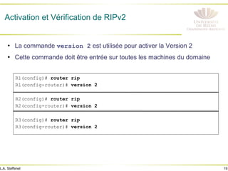 19
L.A. Steffenel
Activation et Vérification de RIPv2
• La commande version 2 est utilisée pour activer la Version 2
• Cette commande doit être entrée sur toutes les machines du domaine
R1(config)# router rip
R1(config-router)# version 2
R2(config)# router rip
R2(config-router)# version 2
R3(config)# router rip
R3(config-router)# version 2
 