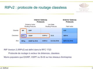 2
L.A. Steffenel
RIPv2 : protocole de routage classless
RIP Version 2 (RIPv2) est défini dans le RFC 1723
Protocole de routage à vecteur de distances, classless
Moins populaire que EIGRP, OSPF ou IS-IS sur les réseaux d'entreprise
 