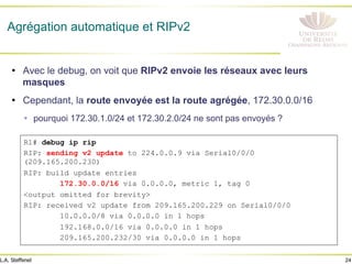 24
L.A. Steffenel
Agrégation automatique et RIPv2
• Avec le debug, on voit que RIPv2 envoie les réseaux avec leurs
masques
• Cependant, la route envoyée est la route agrégée, 172.30.0.0/16
Ÿ pourquoi 172.30.1.0/24 et 172.30.2.0/24 ne sont pas envoyés ?
R1# debug ip rip
RIP: sending v2 update to 224.0.0.9 via Serial0/0/0
(209.165.200.230)
RIP: build update entries
172.30.0.0/16 via 0.0.0.0, metric 1, tag 0
<output omitted for brevity>
RIP: received v2 update from 209.165.200.229 on Serial0/0/0
10.0.0.0/8 via 0.0.0.0 in 1 hops
192.168.0.0/16 via 0.0.0.0 in 1 hops
209.165.200.232/30 via 0.0.0.0 in 1 hops
 