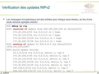 30
L.A. Steffenel
R2# debug ip rip
RIP: received v2 update from 209.165.200.234 on Serial0/0/1
172.30.100.0/24 via 0.0.0.0 in 1 hops
172.30.110.0/24 via 0.0.0.0 in 1 hops
172.30.200.16/28 via 0.0.0.0 in 1 hops
172.30.200.32/28 via 0.0.0.0 in 1 hops
RIP: sending v2 update to 224.0.0.9 via Serial0/0/0
(209.165.200.229)‫‏‬
RIP: build update entries
10.1.0.0/16 via 0.0.0.0, metric 1, tag 0
172.30.100.0/24 via 0.0.0.0, metric 2, tag 0
172.30.110.0/24 via 0.0.0.0, metric 2, tag 0
172.30.200.16/28 via 0.0.0.0, metric 2, tag 0
172.30.200.32/28 via 0.0.0.0, metric 2, tag 0
192.168.0.0/16 via 0.0.0.0, metric 1, tag 0
209.165.200.232/30 via 0.0.0.0, metric 1, tag 0
Vérification des updates RIPv2
• Les messages envoyés/reçus ont des entrées pour chaque sous-réseau, au lieu d'une
seule adresse agrégée classful
 