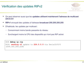 31
L.A. Steffenel
Vérification des updates RIPv2
• On peut observer aussi que les updates utilisent maintenant l'adresse de multicast
224.0.0.9
• RIPv1 envoyait des updates à l'adresse broadcast 255.255.255.255
• D'habitude, les updates par multicast :
Ÿ Consomment moins bande passante du réseau
Ÿ Surchargent moins la CPU des dispositifs qui n'ont pas RIP activé
R2# debug ip rip
RIP: sending v2 update to 224.0.0.9 via Serial0/0/0
(209.165.200.229)
 