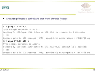 43
L.A. Steffenel
ping
• Avec ping on teste la connectivité aller-retour entre les réseaux
R2# ping 172.30.2.1
Type escape sequence to abort.
Sending 5, 100-byte ICMP Echos to 172.30.2.1, timeout is 2 seconds:
!!!!!
Success rate is 100 percent (5/5), round-trip min/avg/max = 28/28/28 ms
R2# ping 172.30.100.1
Type escape sequence to abort.
Sending 5, 100-byte ICMP Echos to 172.30.100.1, timeout is 2 seconds:
!!!!!
Success rate is 100 percent (5/5), round-trip min/avg/max = 28/28/28 ms
 