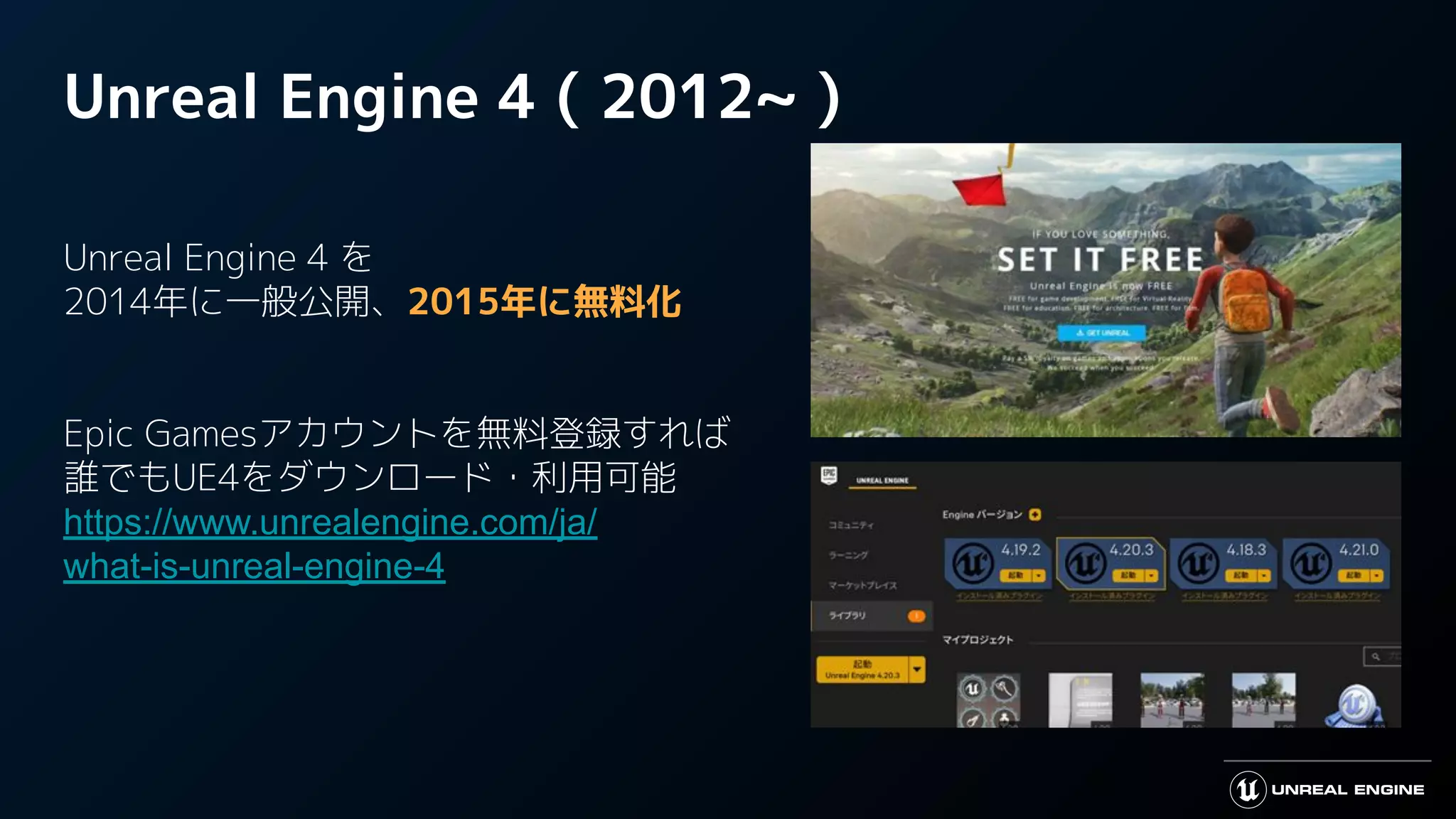 Unreal Engine 4 ( 2012~ )
Unreal Engine 4 を
2014年に一般公開、2015年に無料化
Epic Gamesアカウントを無料登録すれば
誰でもUE4をダウンロード・利用可能
https://www.unrealengine.com/ja/
what-is-unreal-engine-4
 