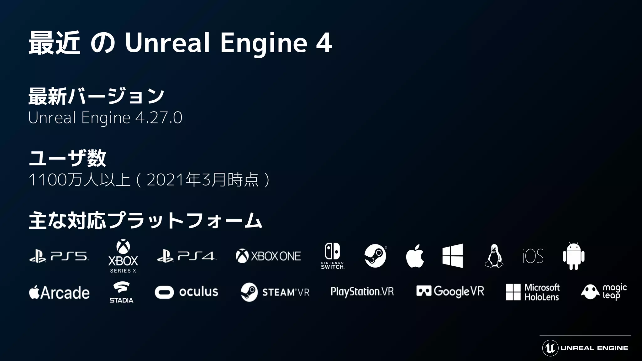 最近 の Unreal Engine 4
最新バージョン
Unreal Engine 4.27.0
ユーザ数
1100万人以上 ( 2021年3月時点 )
主な対応プラットフォーム
 