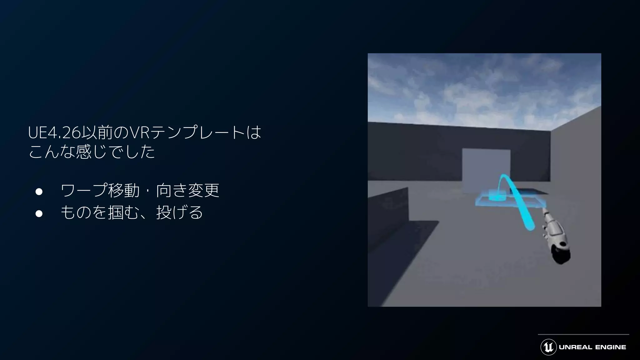 UE4.26以前のVRテンプレートは
こんな感じでした
● ワープ移動・向き変更
● ものを掴む、投げる
 