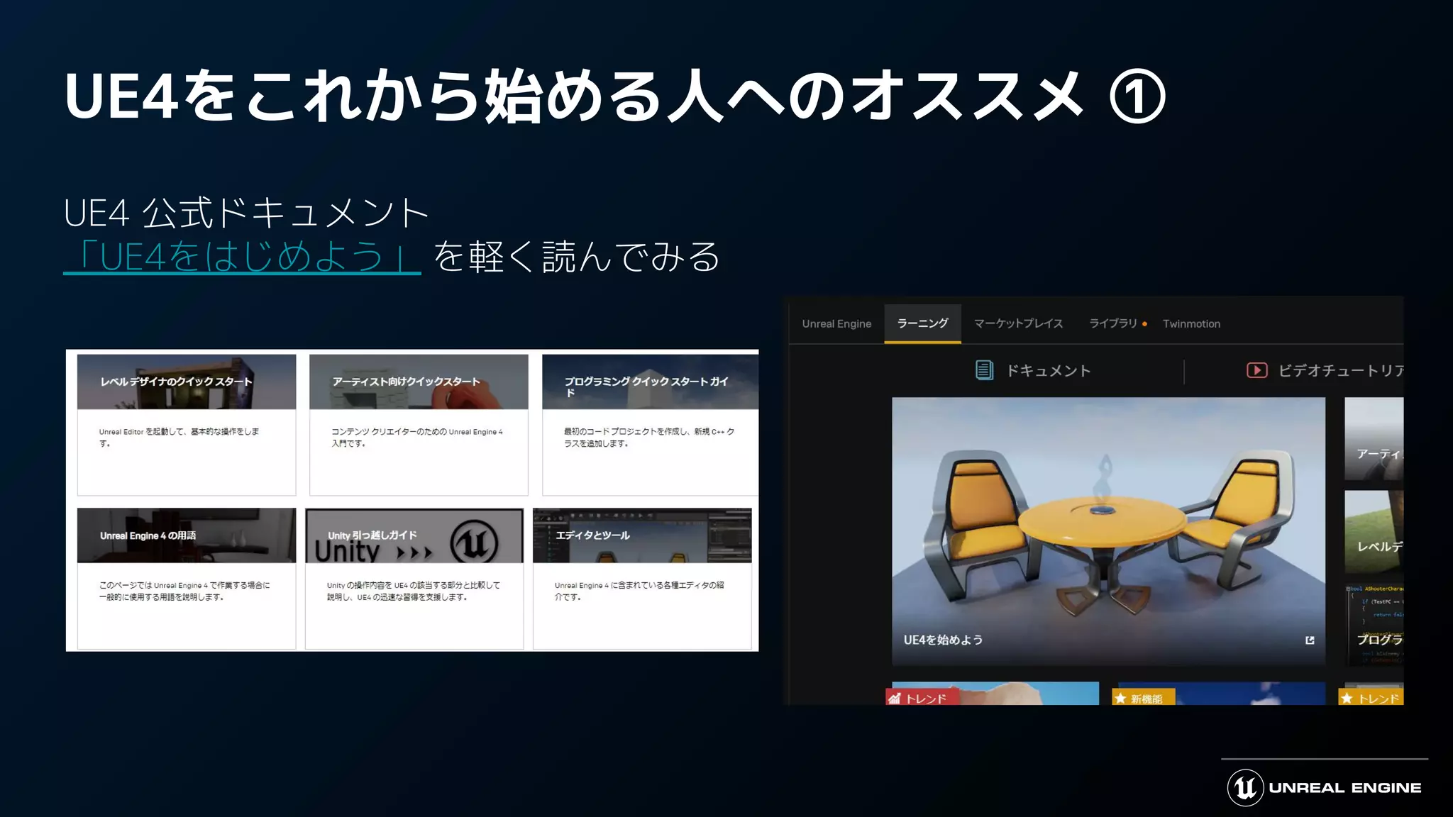UE4をこれから始める人へのオススメ ①
UE4 公式ドキュメント
「UE4をはじめよう」 を軽く読んでみる
 