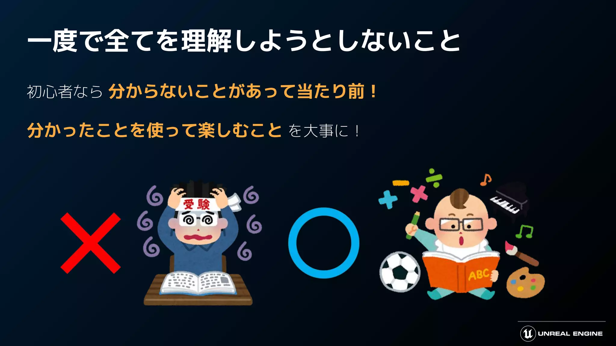 一度で全てを理解しようとしないこと
初心者なら 分からないことがあって当たり前！
分かったことを使って楽しむこと を大事に！
 